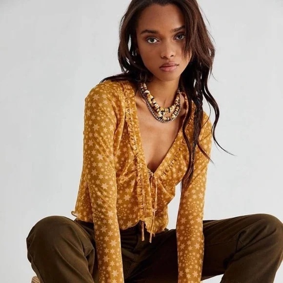 Free People Marne Tie Front Mesh Top Star Print Sheer Gold Orange Long Sleeves - Picture 1 of 8